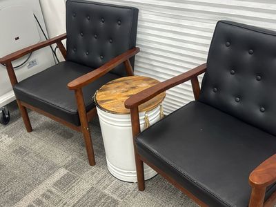 Mid-Century Modern Black Faux Leather Accent Chairs with Wood Arms - Set of 2