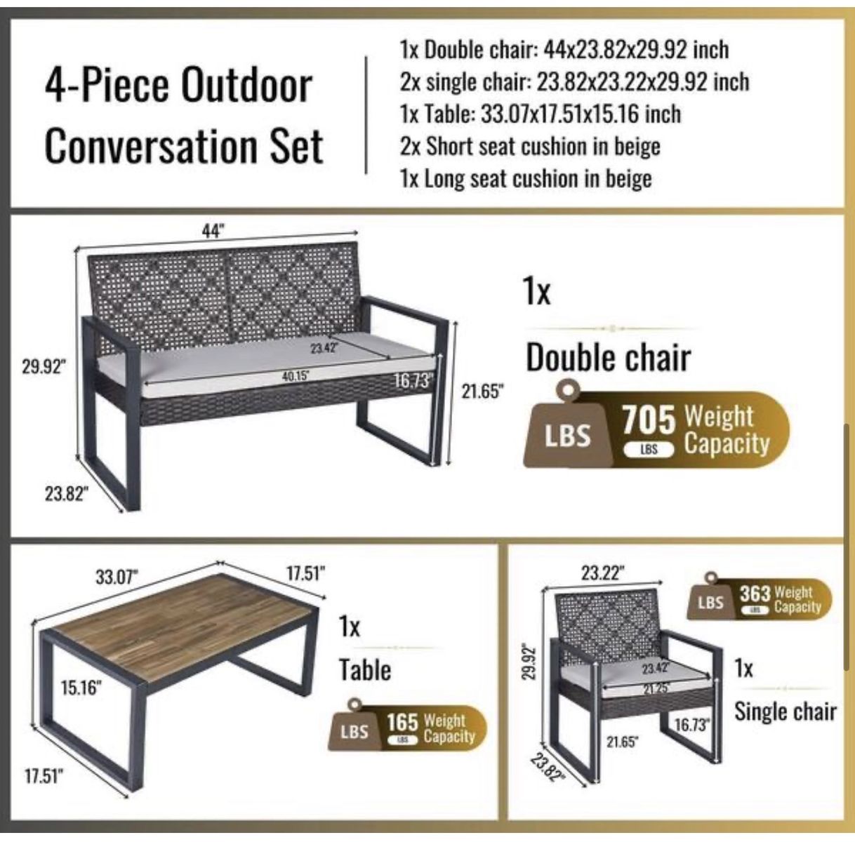 4-Piece Outdoor Patio Conversation Set w/ Double Chair, 2 Single Chairs, Coffee Table, Cushions