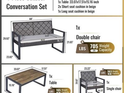 4-Piece Outdoor Patio Conversation Set w/ Double Chair, 2 Single Chairs, Coffee Table, Cushions