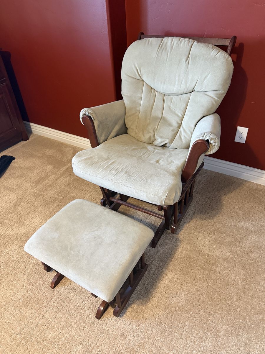 Comfortable Glider Rocking Chair & Ottoman - Beige Cushions, Wooden Frame, Great for Nursery