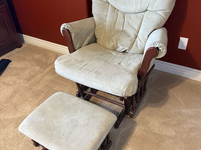 Comfortable Glider Rocking Chair & Ottoman - Beige Cushions, Wooden Frame, Great for Nursery