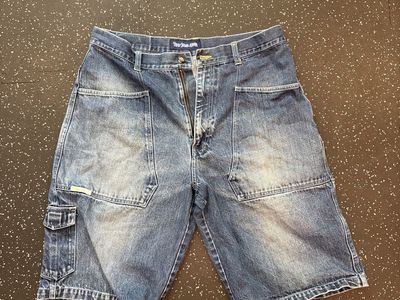 Y2K Vintage Raw Blue ABR "T'bone & Tubby-T" Men's Blue Denim Jean Shorts Size 38 Graphic Pockets