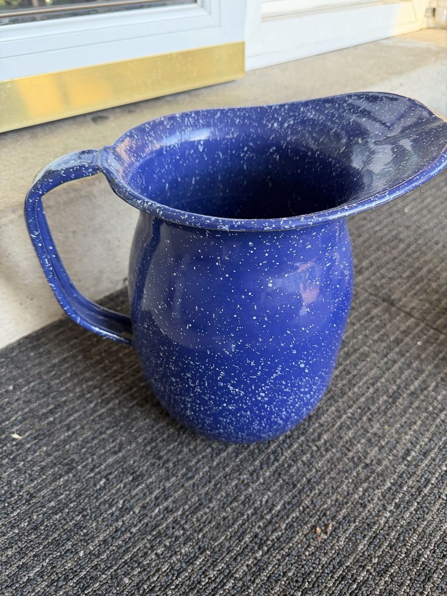 Vintage Geuder Paeschke & Frey Co. U.S.N. Blue Granite Ware Enamel Pitcher