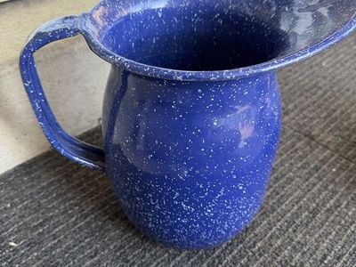 Vintage Geuder Paeschke & Frey Co. U.S.N. Blue Granite Ware Enamel Pitcher