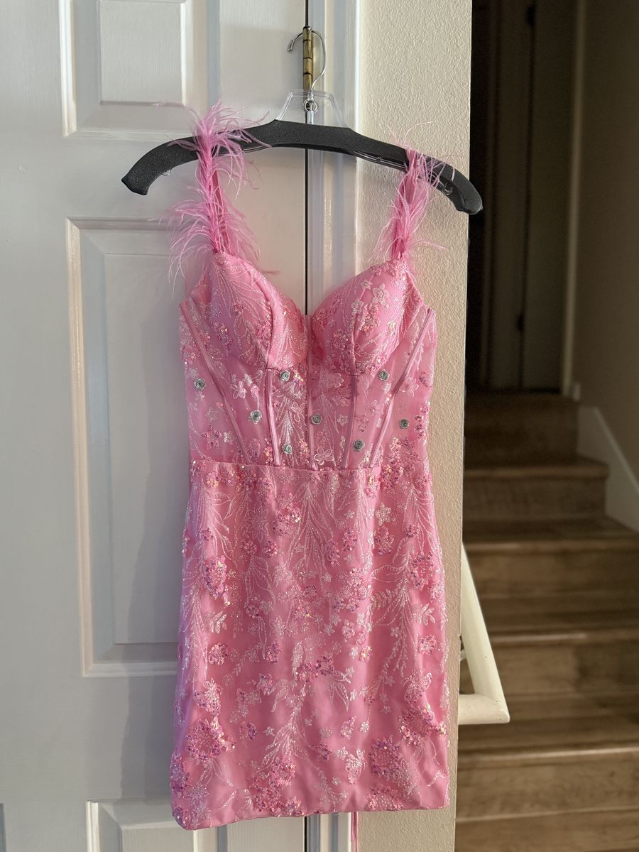 Nox Anabel Pink Sequined Feather Strap Corset Mini Dress - Size 6