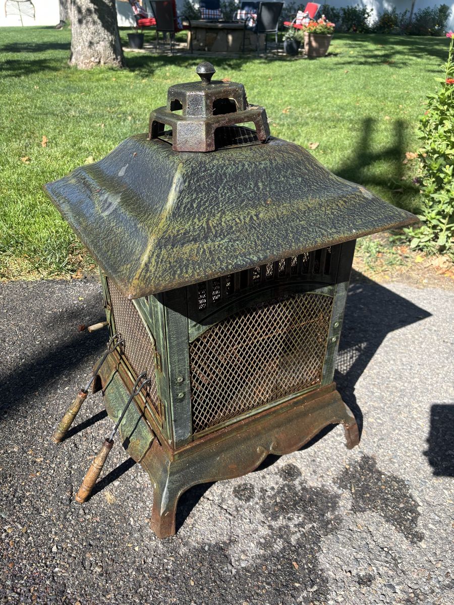 Outdoor Metal Fireplace Chiminea with Mesh Door and Tools - Used