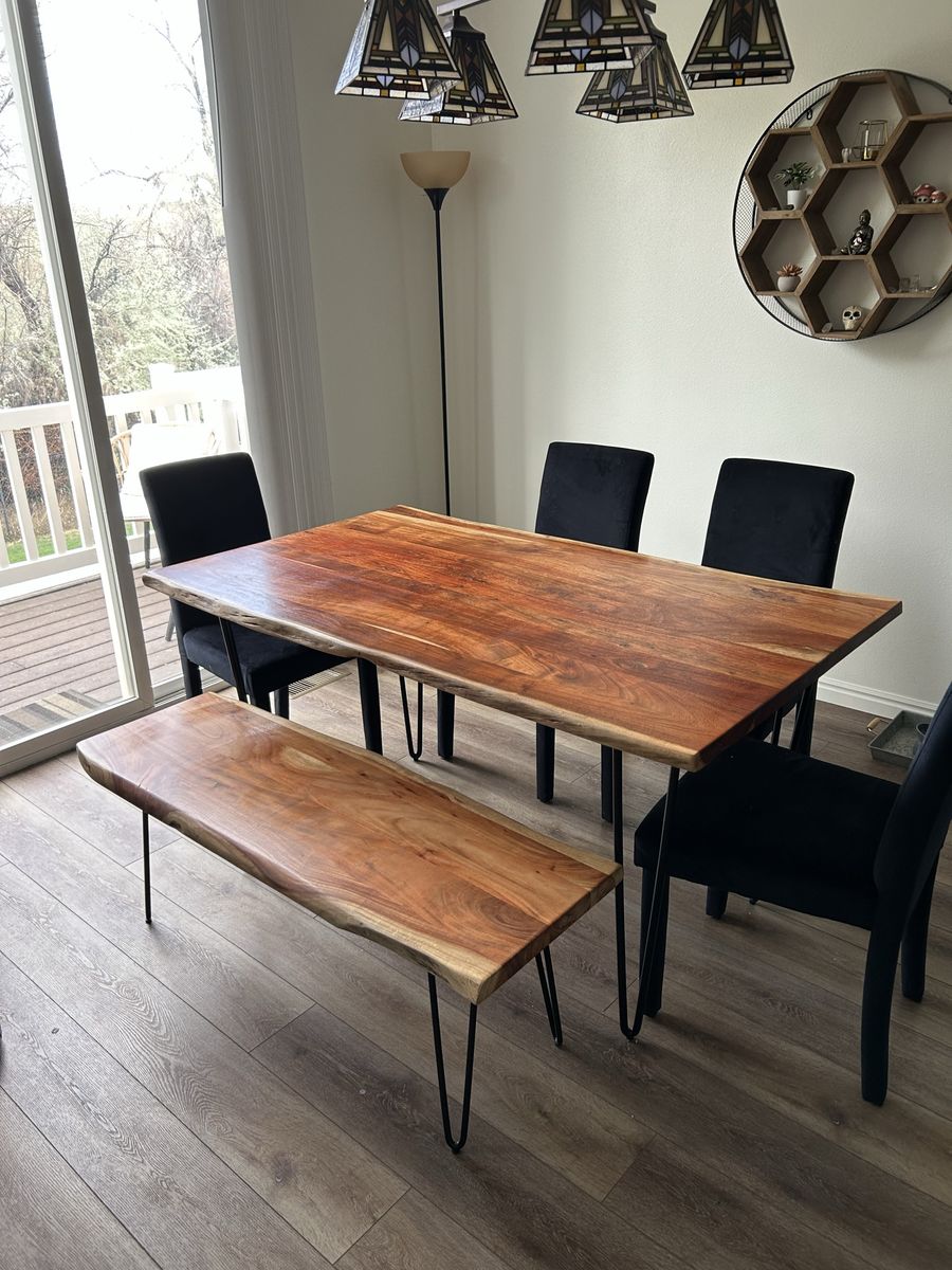 **Dining set: Solid wood table, bench, & Velvet chairs**