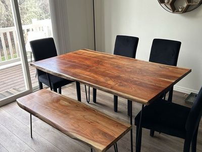 **Dining set: Solid wood table, bench, & Velvet chairs**
