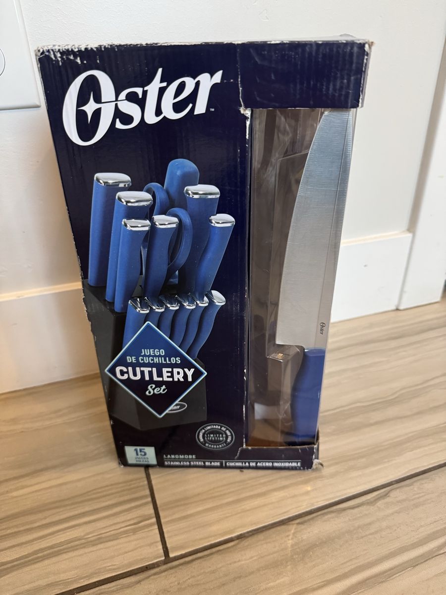Oster Langmore 15-Piece Stainless Steel Cutlery Knife Block Set with Classic Blue Handles – Full Kitchen Knife Set in Black Stor