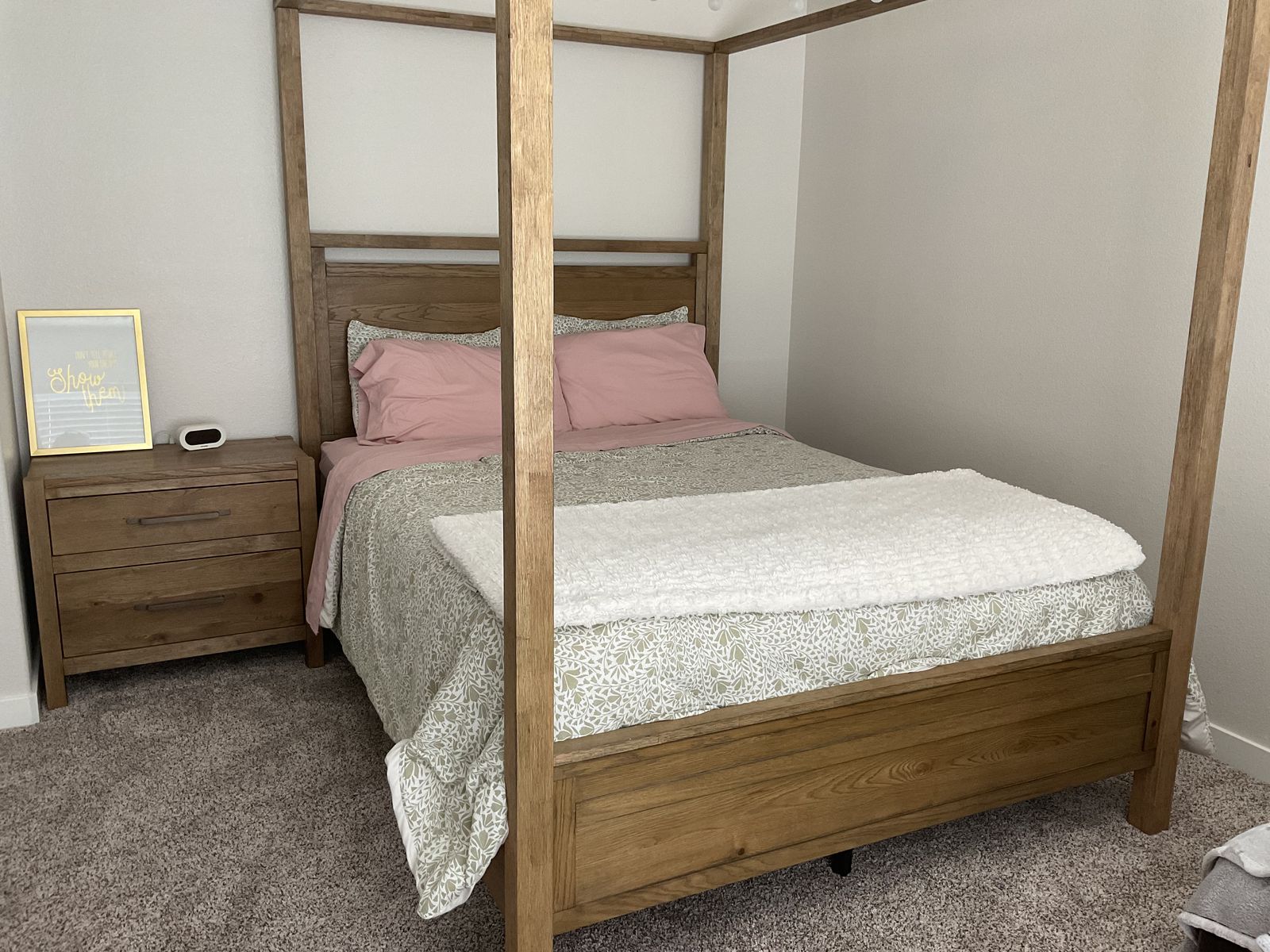 Wooden Queen Size Canopy Bed Frame + Mattress - Excellent Condition