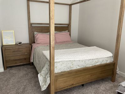 Wooden Queen Size Canopy Bed Frame + Mattress - Excellent Condition