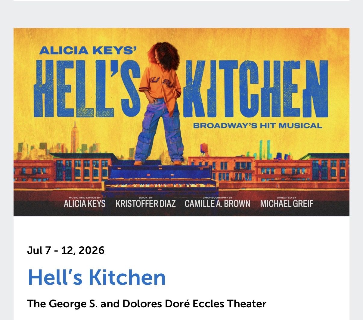 3 Tickets to Hell’s Kitchen 7/12 Broadway at the Eccles