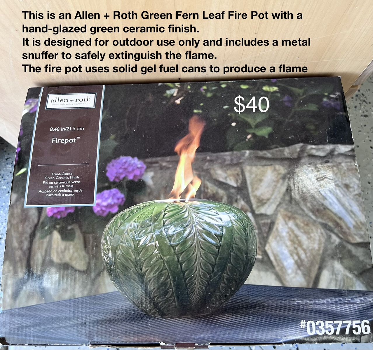Allen + Roth Green Fern Leaf Fire Pot - Hand-Glazed Ceramic, Outdoor Use, 8.46in