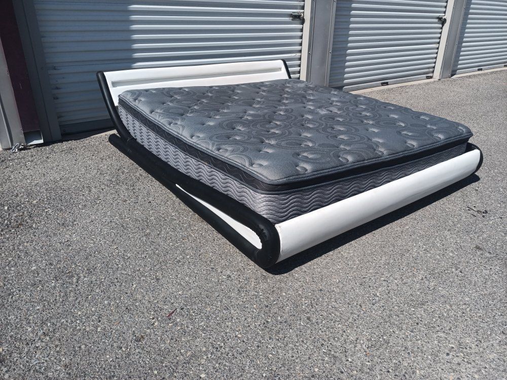 Modern White & Black Queen Platform Bed Frame with Grey Mattress - Stylish Sleep Solution