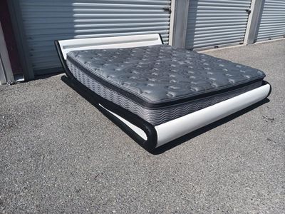 Modern White & Black Queen Platform Bed Frame with Grey Mattress - Stylish Sleep Solution