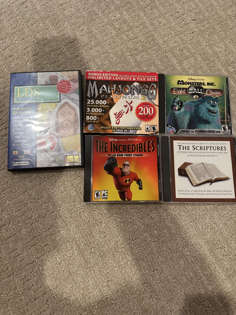 PC CD-ROM Game Lot: Mahjongg Platinum 2, The Incredibles Print Studio, Monsters, Inc. Eight Ball Chaos, LDS Clips 10,000, LDS Sc