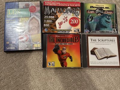 PC CD-ROM Game Lot: Mahjongg Platinum 2, The Incredibles Print Studio, Monsters, Inc. Eight Ball Chaos, LDS Clips 10,000, LDS Sc