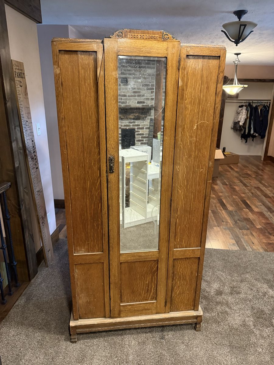 Vintage Wooden Armoire Wardrobe with Center Mirrored Door 1890-1920 era