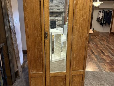 Vintage Wooden Armoire Wardrobe with Center Mirrored Door 1890-1920 era