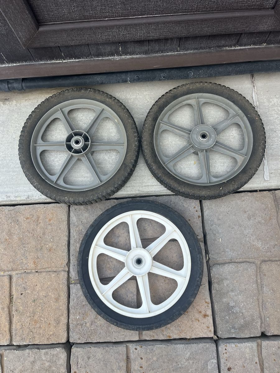 Set of 3 large lawnmower wheels or cart wheels gray 14” white 13 1/2” opening 1/2” axle
