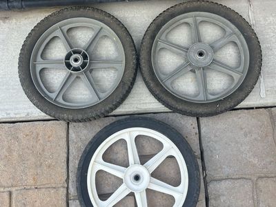 Set of 3 large lawnmower wheels or cart wheels gray 14” white 13 1/2” opening 1/2” axle