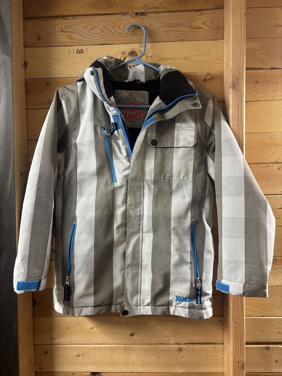 Marker Youth Ski Jacket Youth 10- Gray/White Stripe, Blue Zippers, Hooded Snow Coat