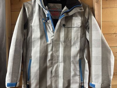 Marker Youth Ski Jacket Youth 10- Gray/White Stripe, Blue Zippers, Hooded Snow Coat