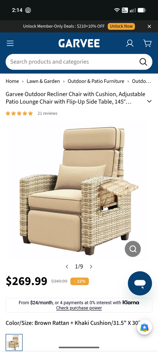 Garvee Outdoor Recliner Chair with Cushion, Adjustable Patio Lounge Chair