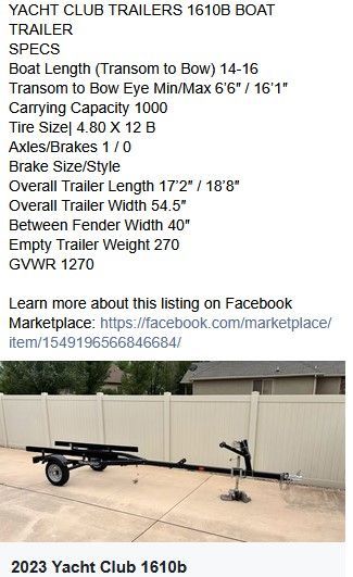 2023 Yacht Club 1610B Boat Trailer