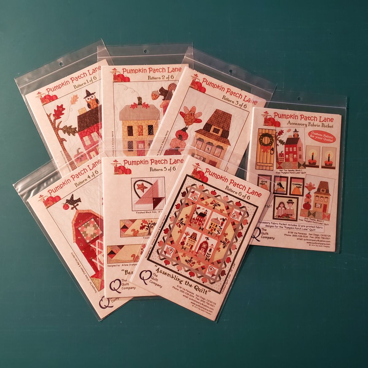 PUMPKIN PATCH LANE Complete 6-Pattern BOM Set & Accessory Fabric - (75" x 64")