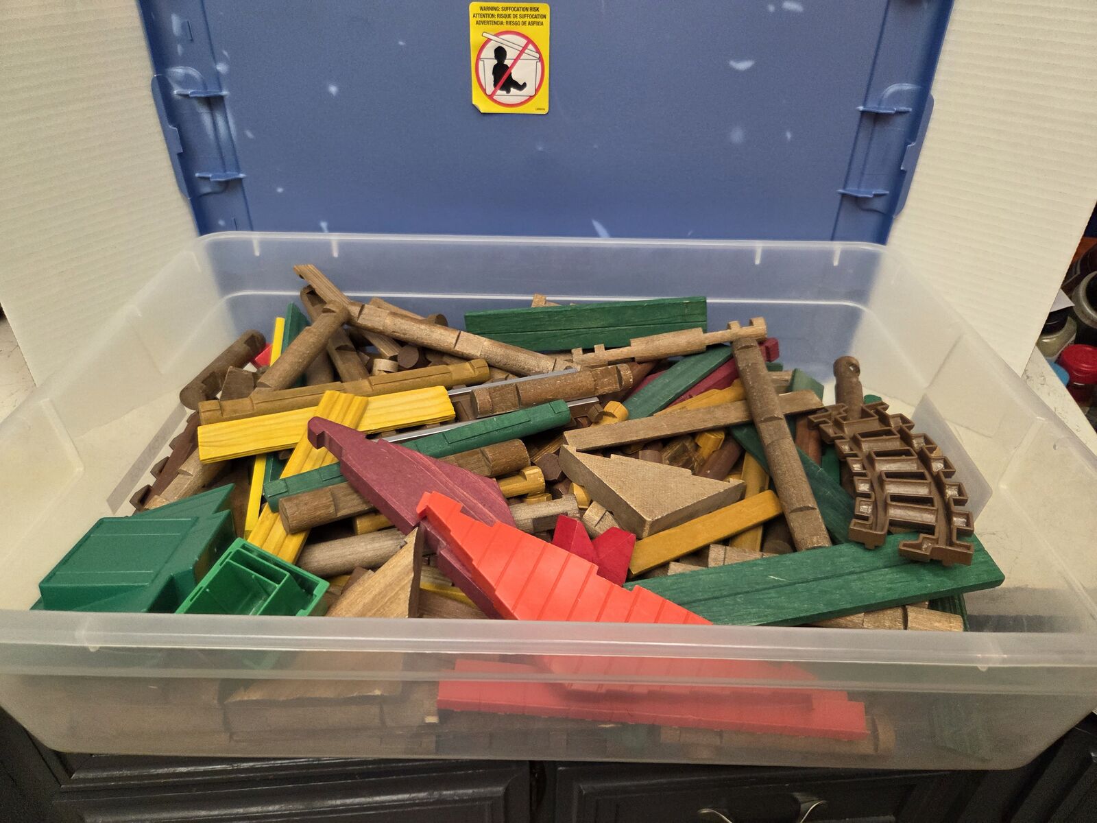 Bin of Lincoln logs
