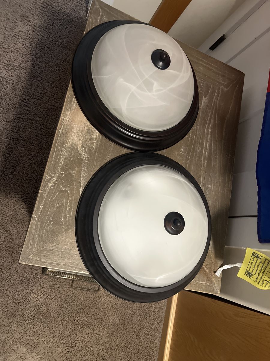 Pair of Flush Mount Ceiling Light Fixtures - Bronze Finish, Alabaster Glass Shades
