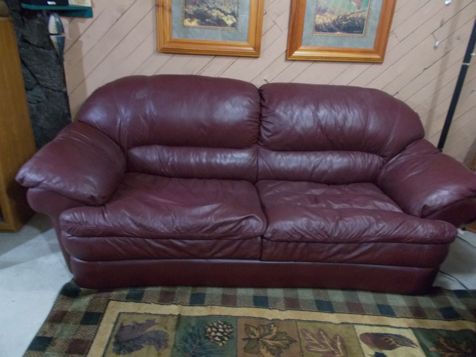 BURGANDY COUCH AND OVERSIZED CHAIR & OTTOMAN
