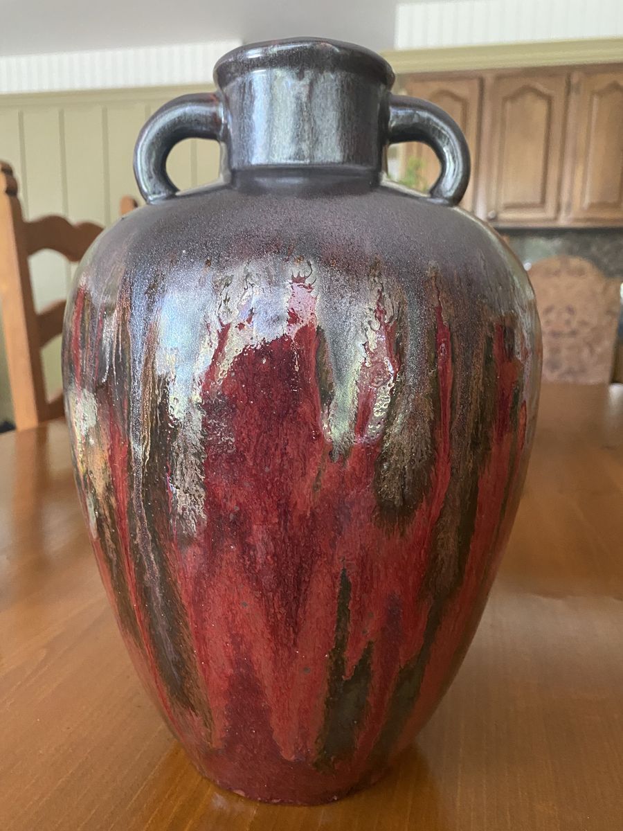 Large Vintage Ceramic Vase Urn with Handles - Deep Red-Gray-Black-Brown Dip Glaze, Stunning