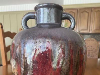 Large Vintage Ceramic Vase Urn with Handles - Deep Red-Gray-Black-Brown Dip Glaze, Stunning