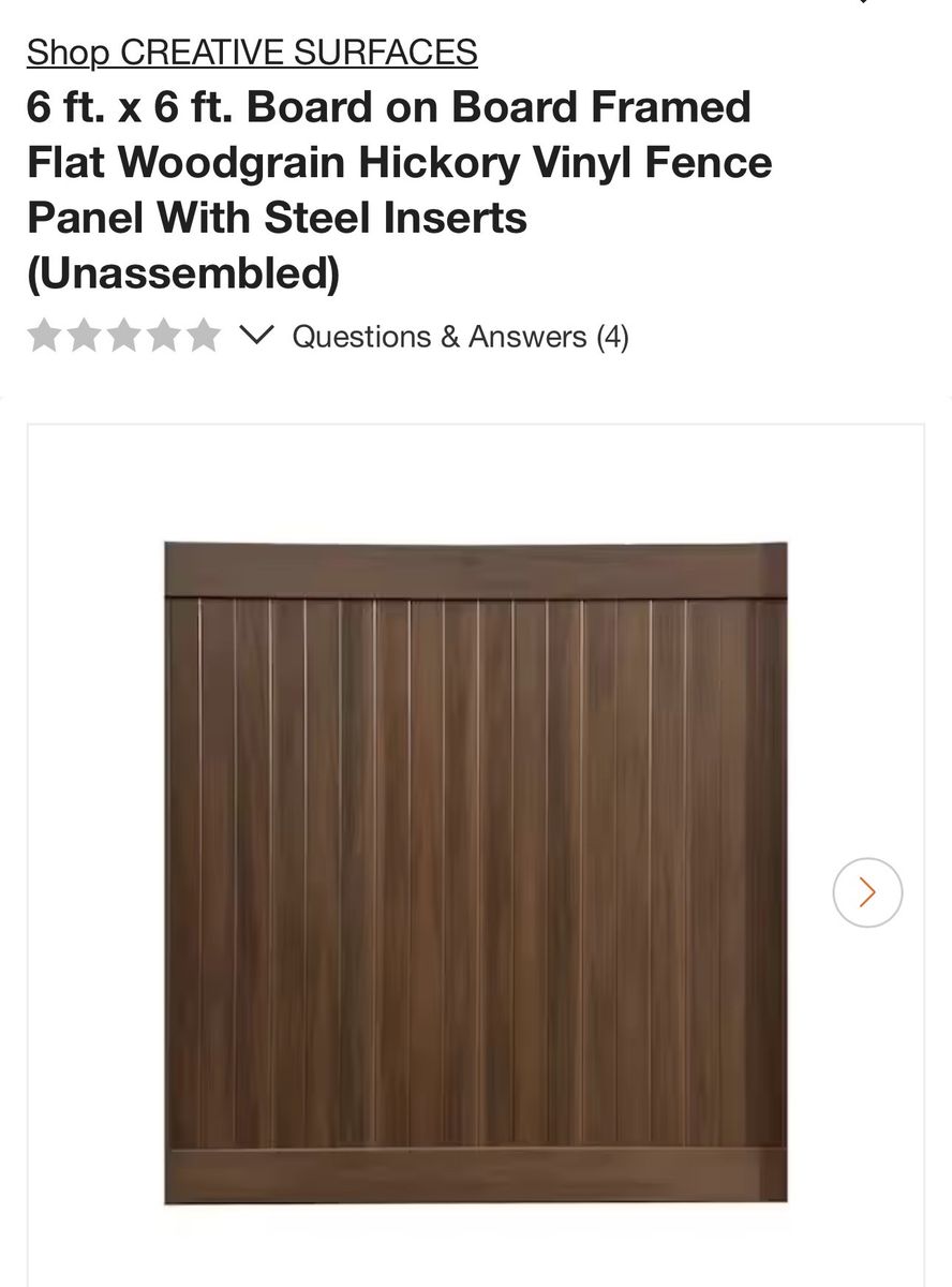 CREATIVE SURFACES 6'x6' Board on Board Woodgrain Hickory Vinyl Fence Panel w/ Steel Inserts (Unassembled)