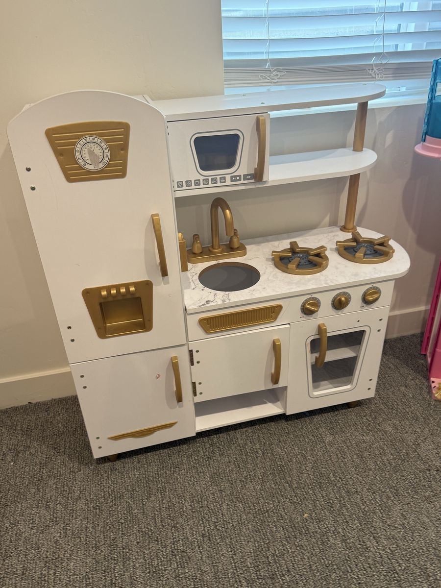 KidKraft Wooden Play Kitchen with Gold Accents and Marble Countertop