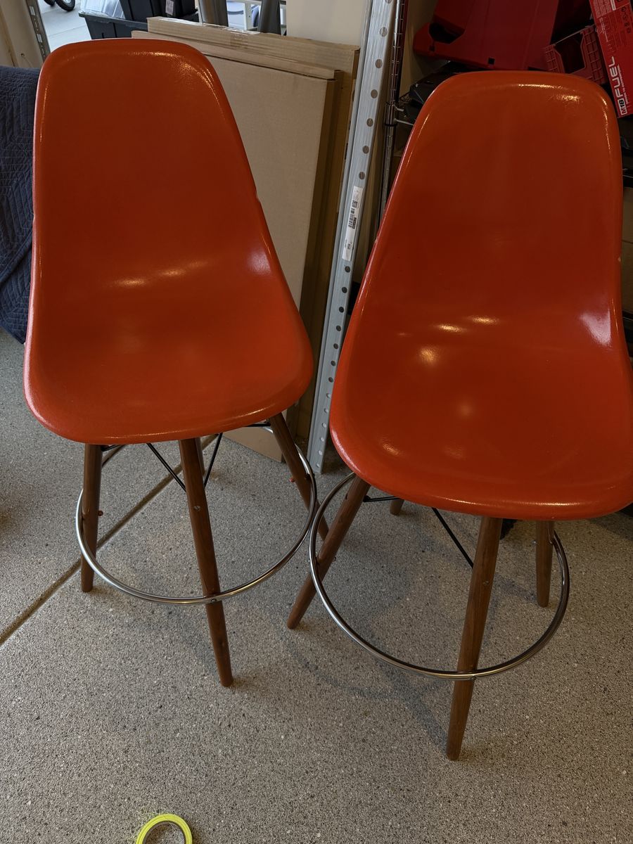 Pair of Vintage Eames Fiberglass Shell Bar Stools w/ Modernica Bases — Orange