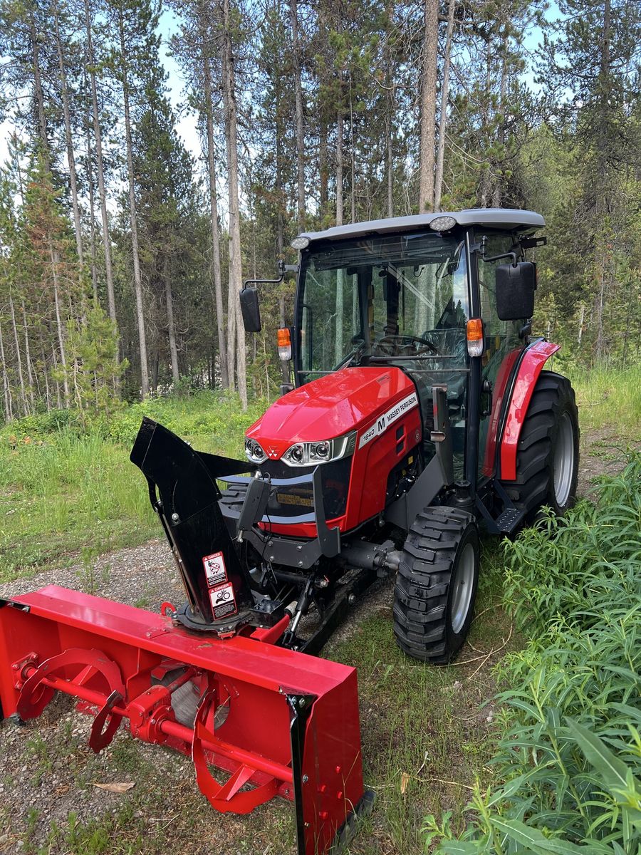 2023 Massey Ferguson 1840 M, 4x4, 38hp, 70”front loader, front mount snowblower, full cab, 133 hours, mid and rear PTO’s