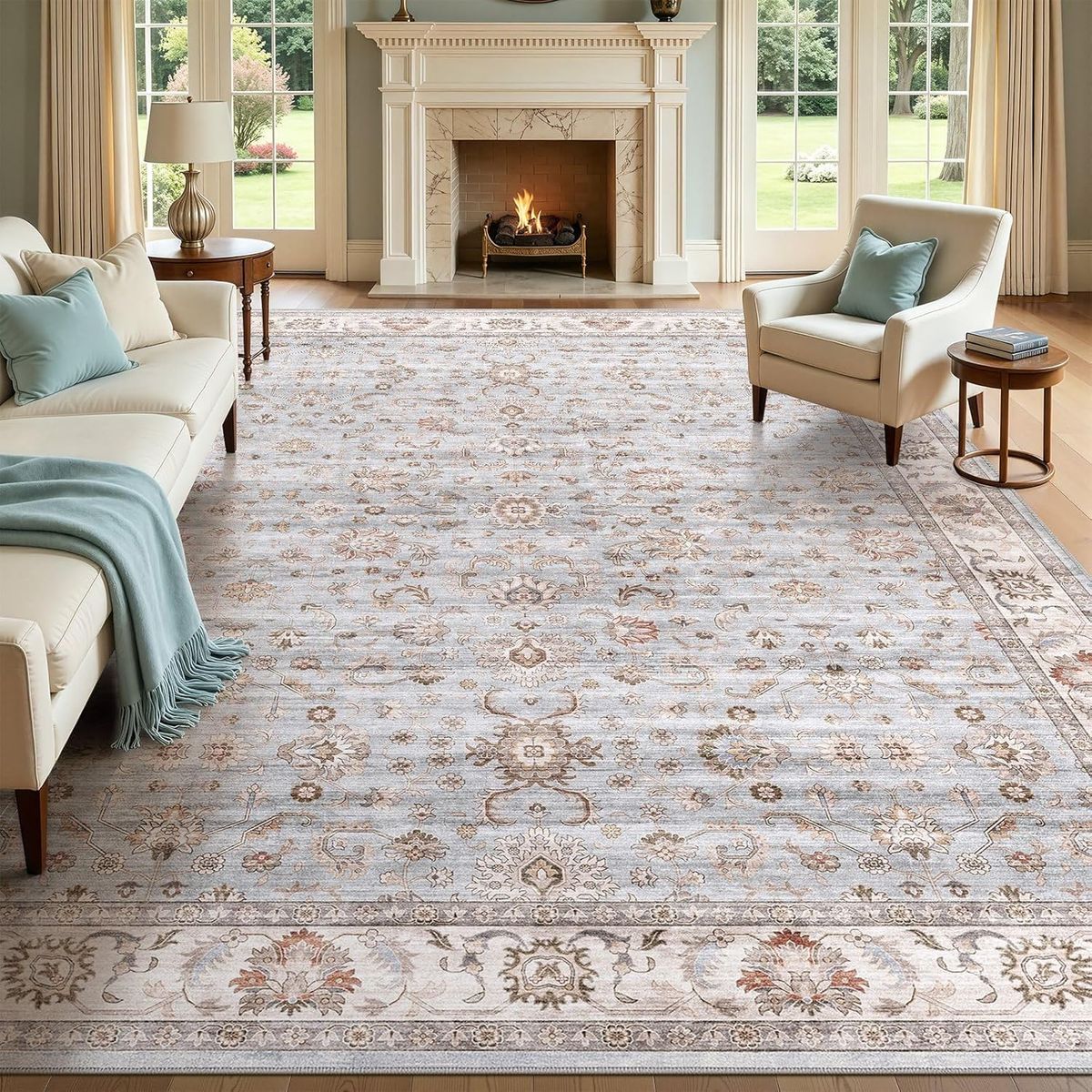 NEW 10x14 Traditional Medallion Vintage Distressed Rug Light Blue Brown