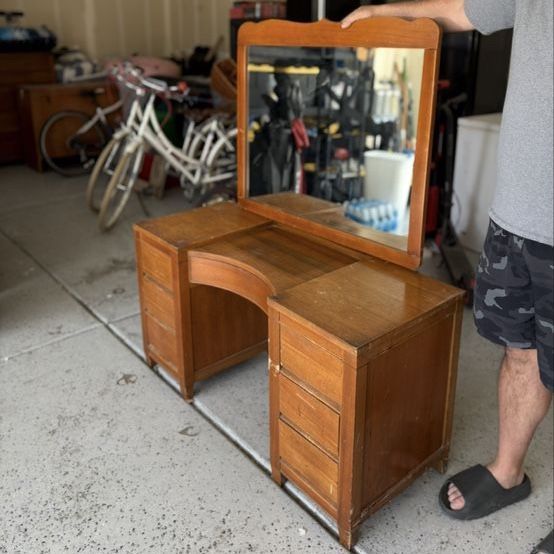 Vintage Wooden Vanity with Mirror - Classic Dressing Table and Desk with Drawers