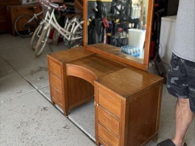 Vintage Wooden Vanity with Mirror - Classic Dressing Table and Desk with Drawers