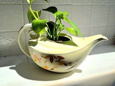 Vintage Ceramic Teapot Planter with Floral Pattern and Live Pothos Plant