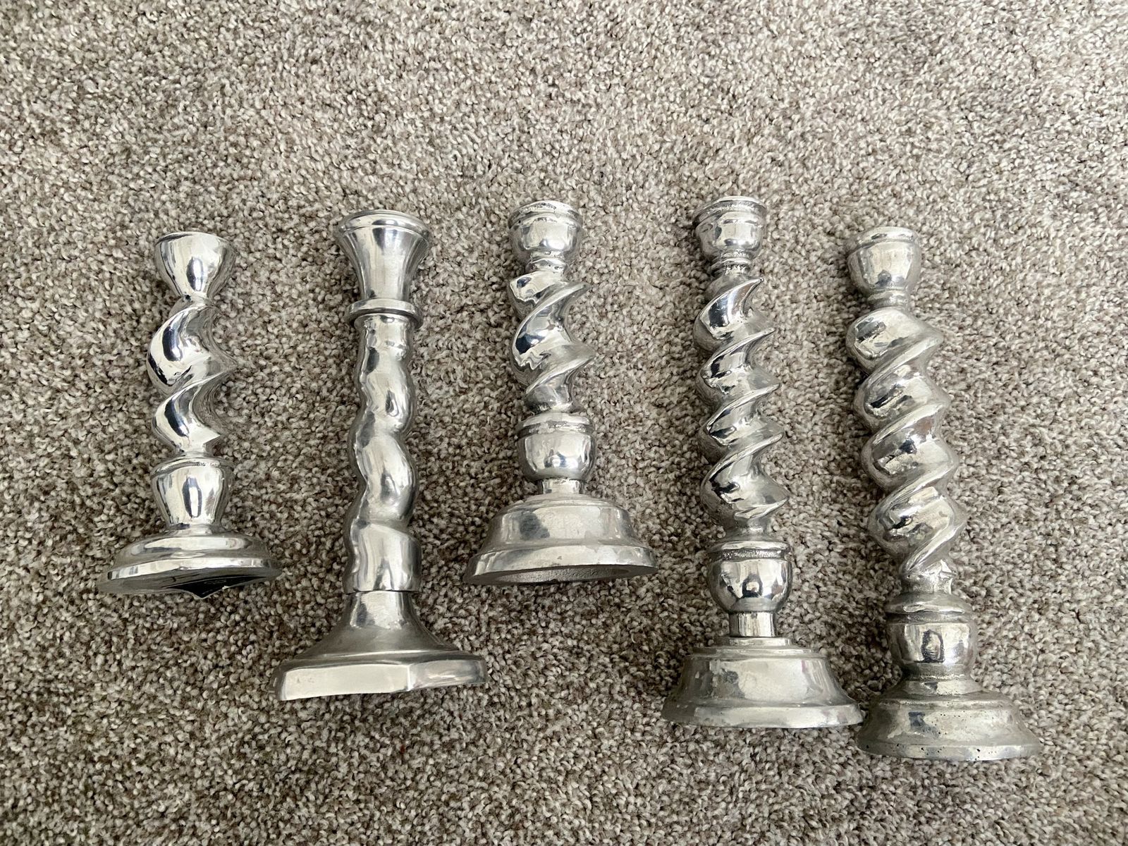 Set of 5 Pewter Spiral Taper Candle Holders - Various Sizes