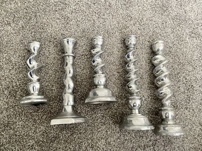 Set of 5 Pewter Spiral Taper Candle Holders - Various Sizes