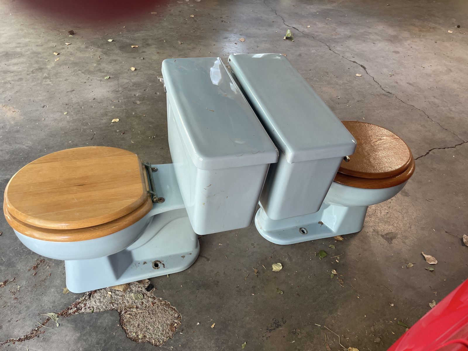 Pair of Vintage  Light Blue Toilets with Wooden Seats