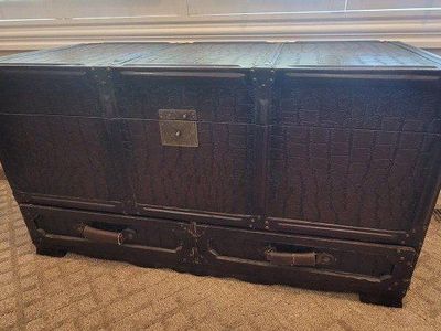 Dark Brown Faux Crocodile Leather Storage Trunk with 2 Drawers & Top Compartment