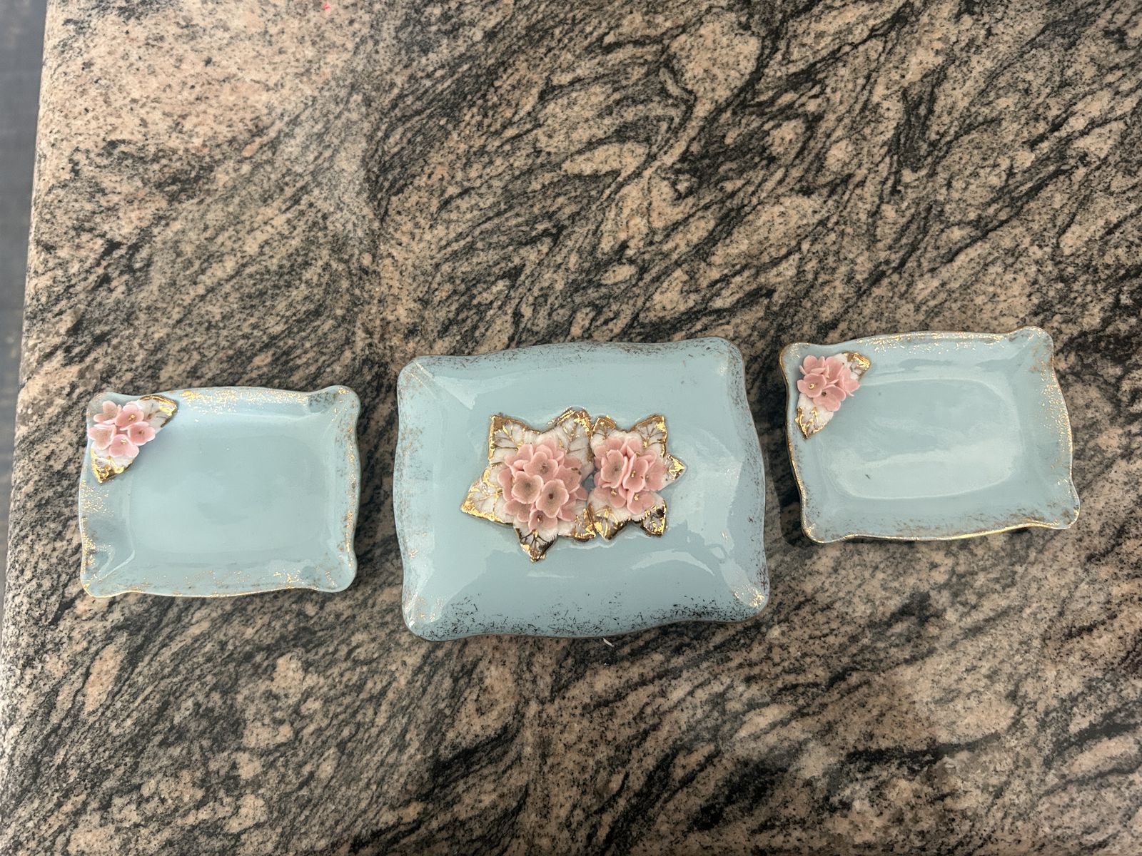 Vintage Hand Painted Porcelain Trinket Dish Set – Retro Floral Vanity Decor