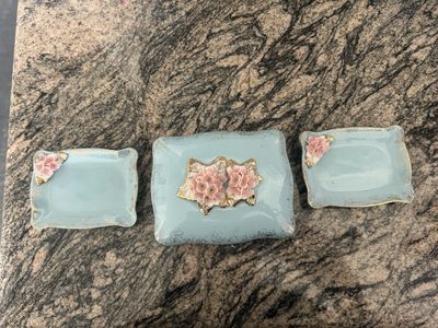 Vintage Hand Painted Porcelain Trinket Dish Set – Retro Floral Vanity Decor