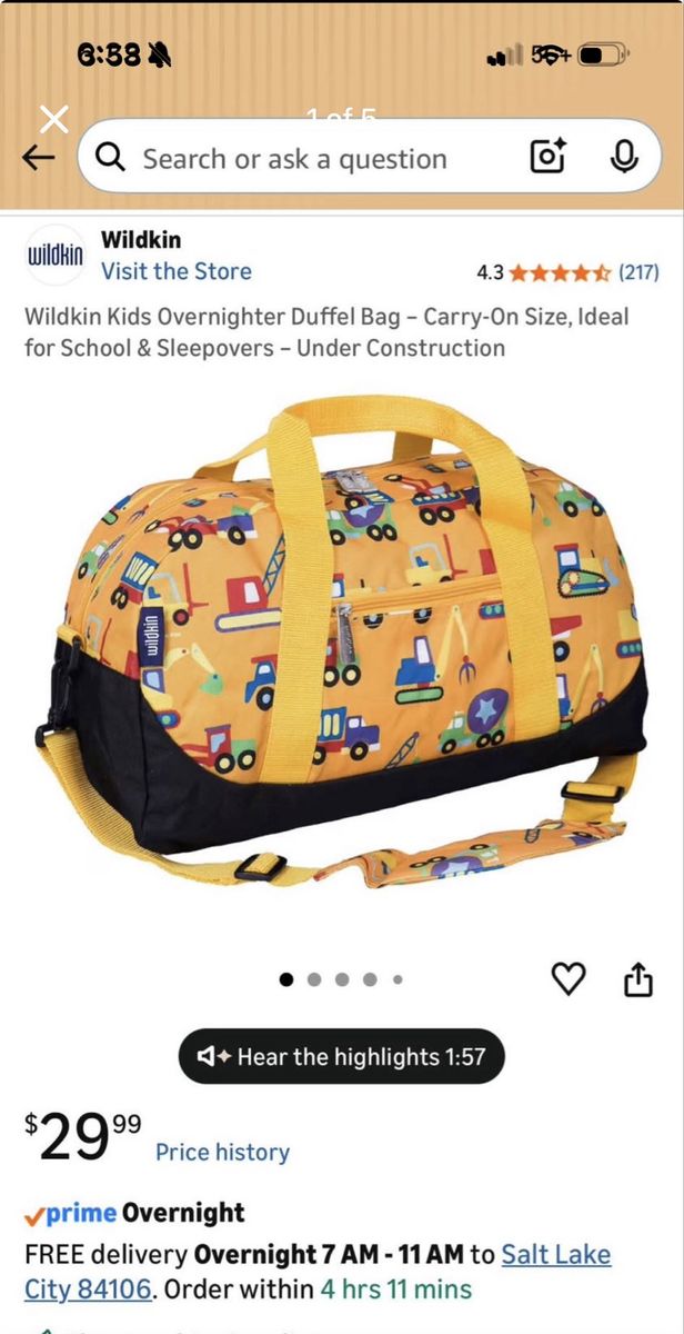 Wildkin Kids Overnighter Duffel Bag Under Construction